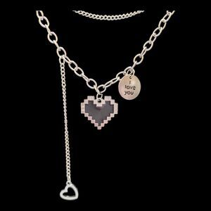 Layered Silver Chain Necklace Pixel Heart Charm + “I Love You” Pendant